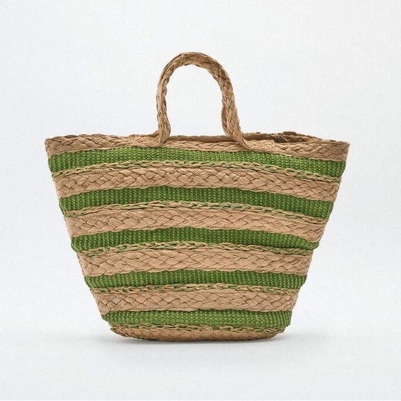 Zara Handbags - Zara Straw Tote with Green Stripe Accents